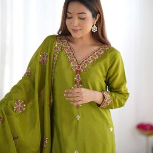 Women's Chinnon Silk Embroidery Sequence Work and Lace Work Straight Kurti With Pant and Dupatta